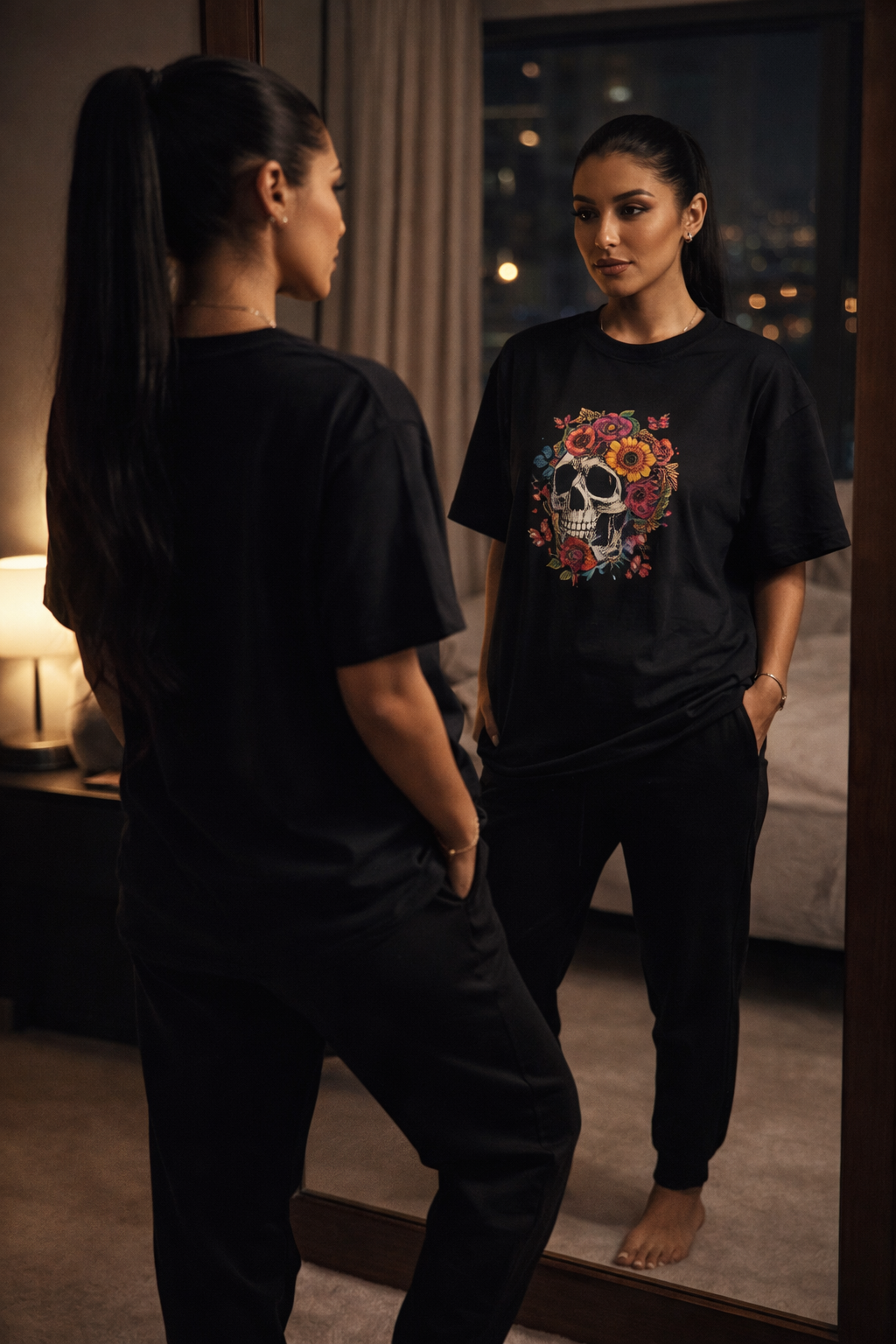 Skulls & Roses Oversized Tee – Midnight Edition