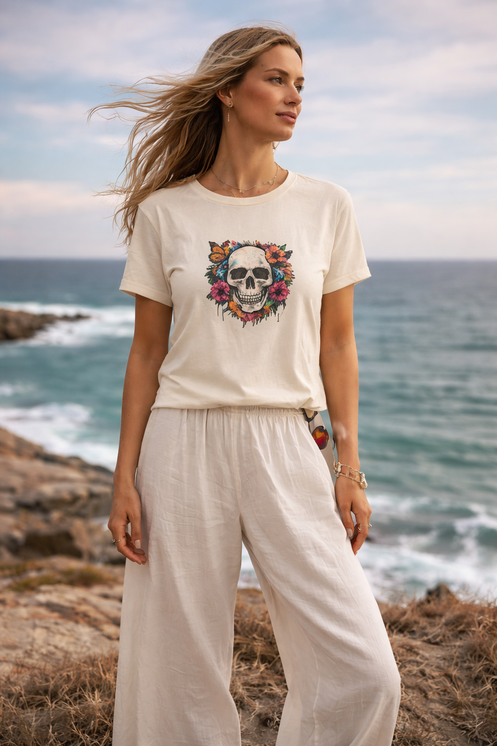 Sassy Co. T-Shirt – Skull & Bloom (Cream Edition)