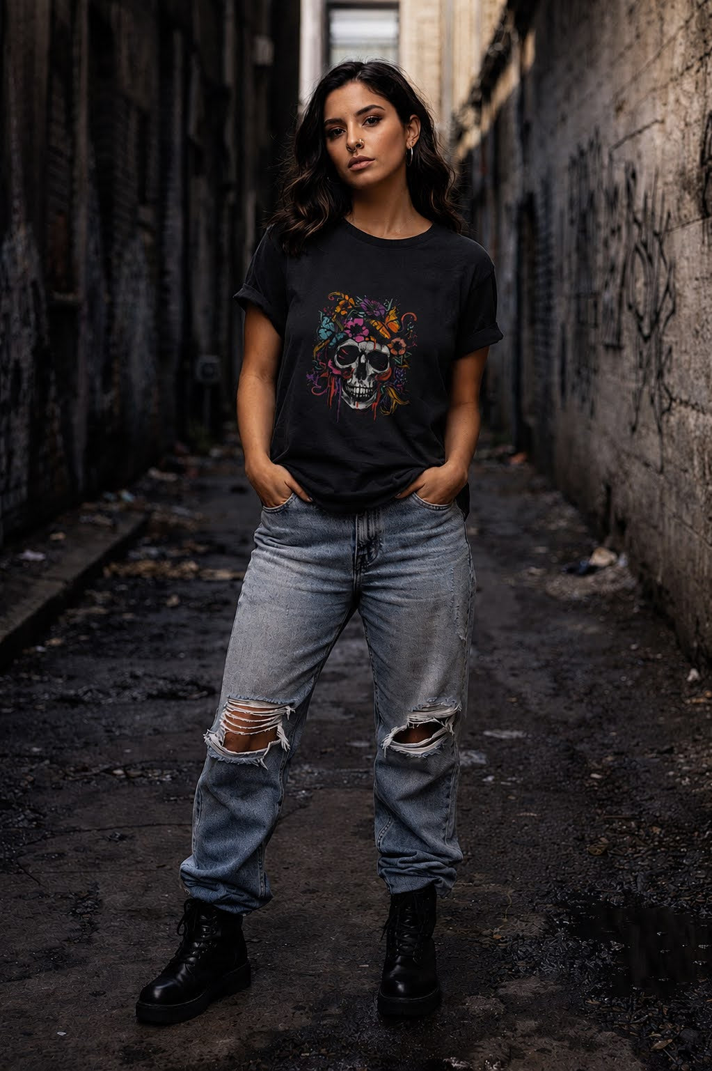 Skull & Bloom Tee – Faded Black Edition