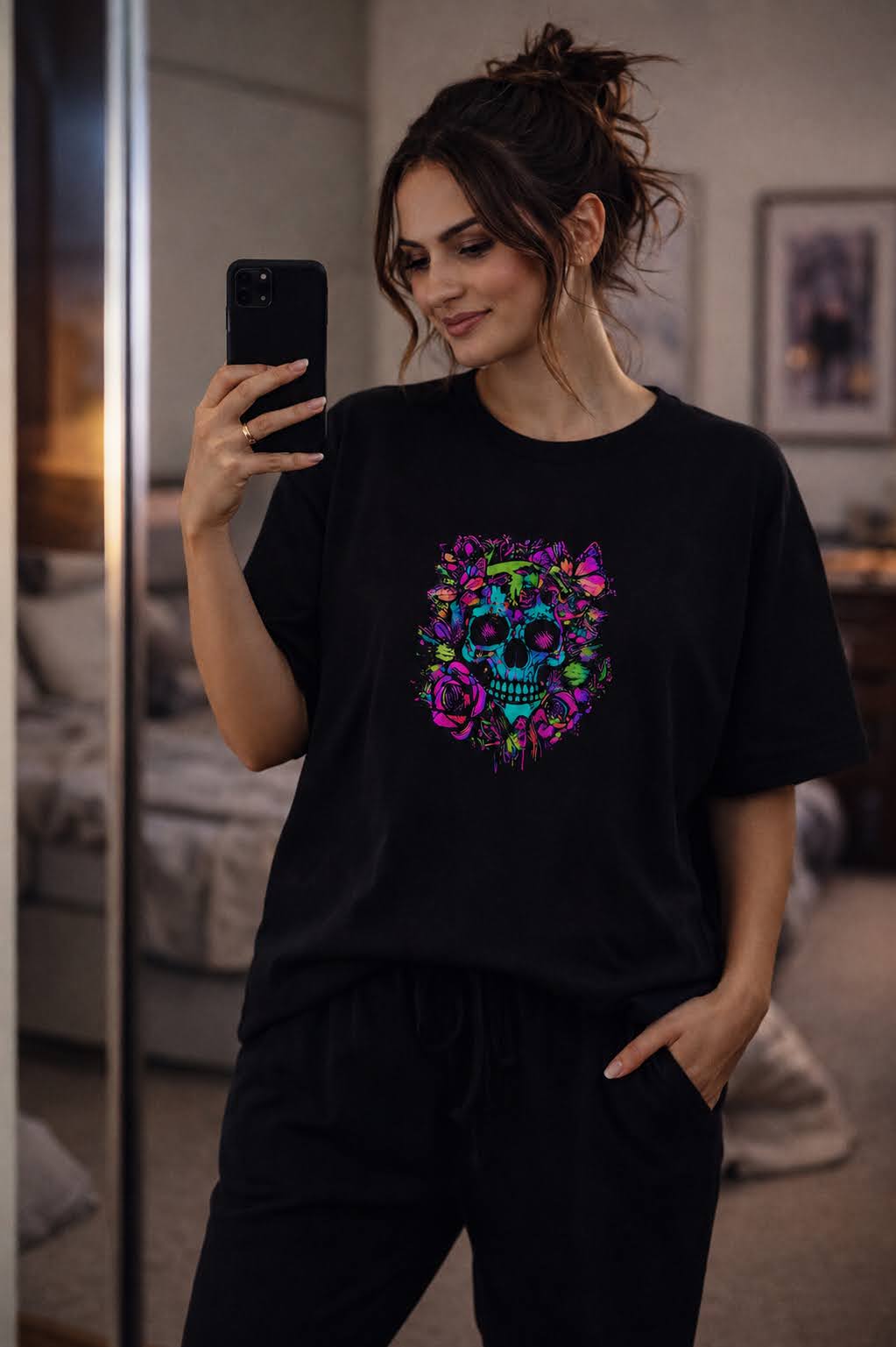 Neon Skull Bloom Tee – Black Edition