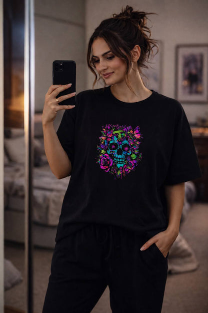 Neon Skull Bloom Tee – Black Edition
