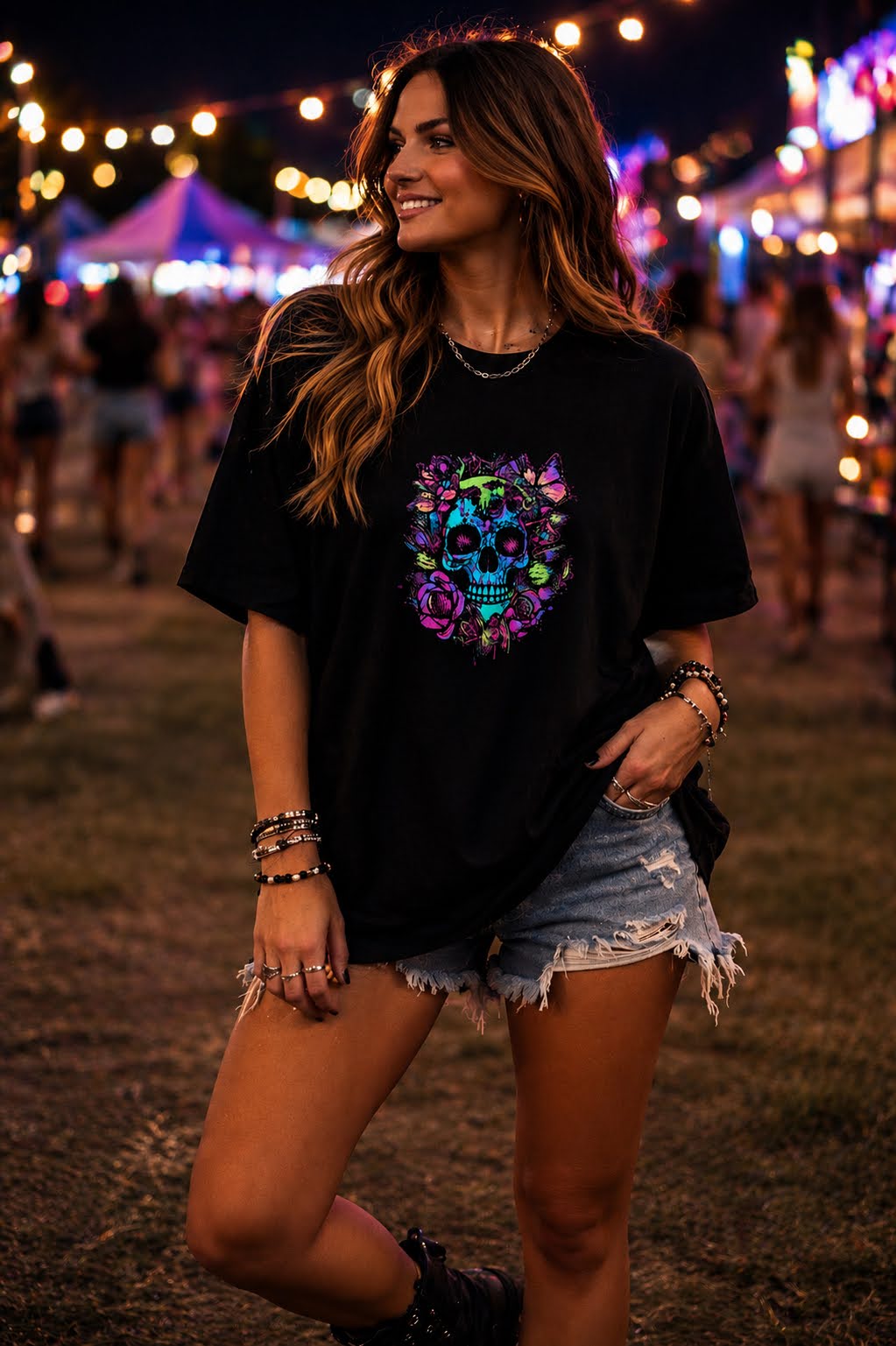 Neon Skull Bloom Tee – Black Edition