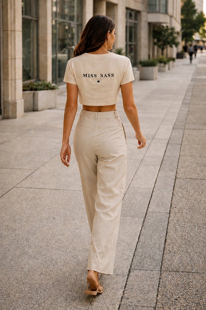 Miss Sass Crown Crop Tee – Soft Cream Edition (Back Print / Everyday Fit)