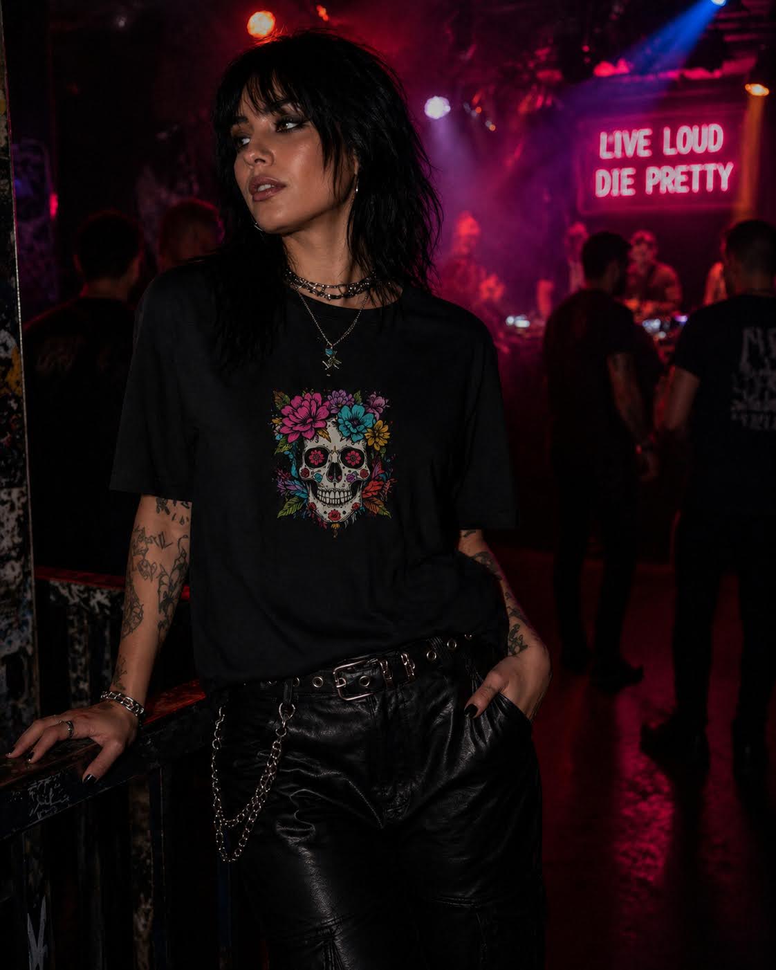 Skulls & Roses Oversized Tee – Midnight Bloom Edition
