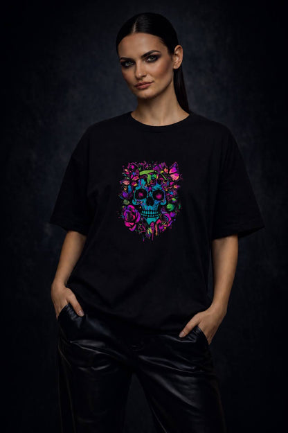 Neon Skull Bloom Tee – Black Edition