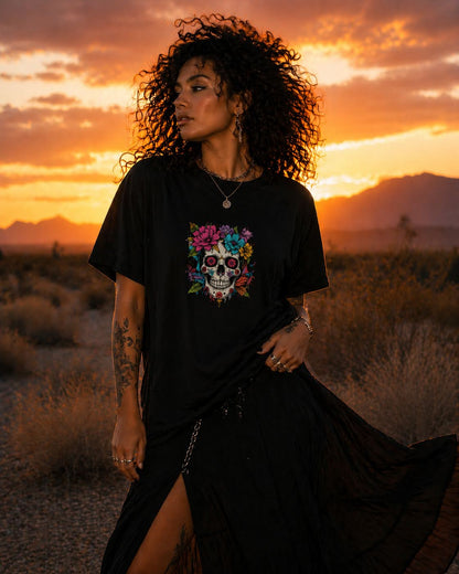 Skulls & Roses Oversized Tee – Midnight Bloom Edition