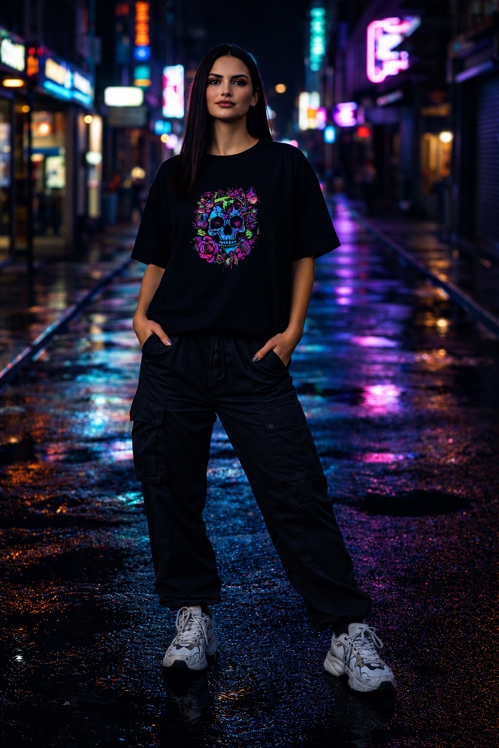 Neon Skull Bloom Tee – Black Edition