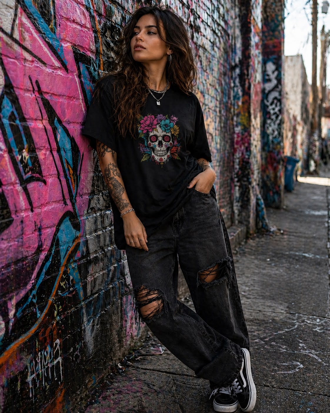 Skulls & Roses Oversized Tee – Midnight Bloom Edition
