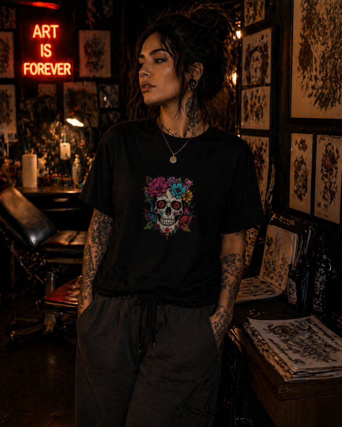 Skulls & Roses Oversized Tee – Midnight Bloom Edition