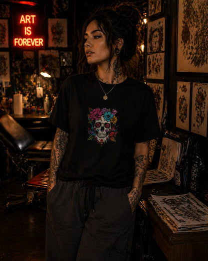 Skulls & Roses Oversized Tee – Midnight Bloom Edition