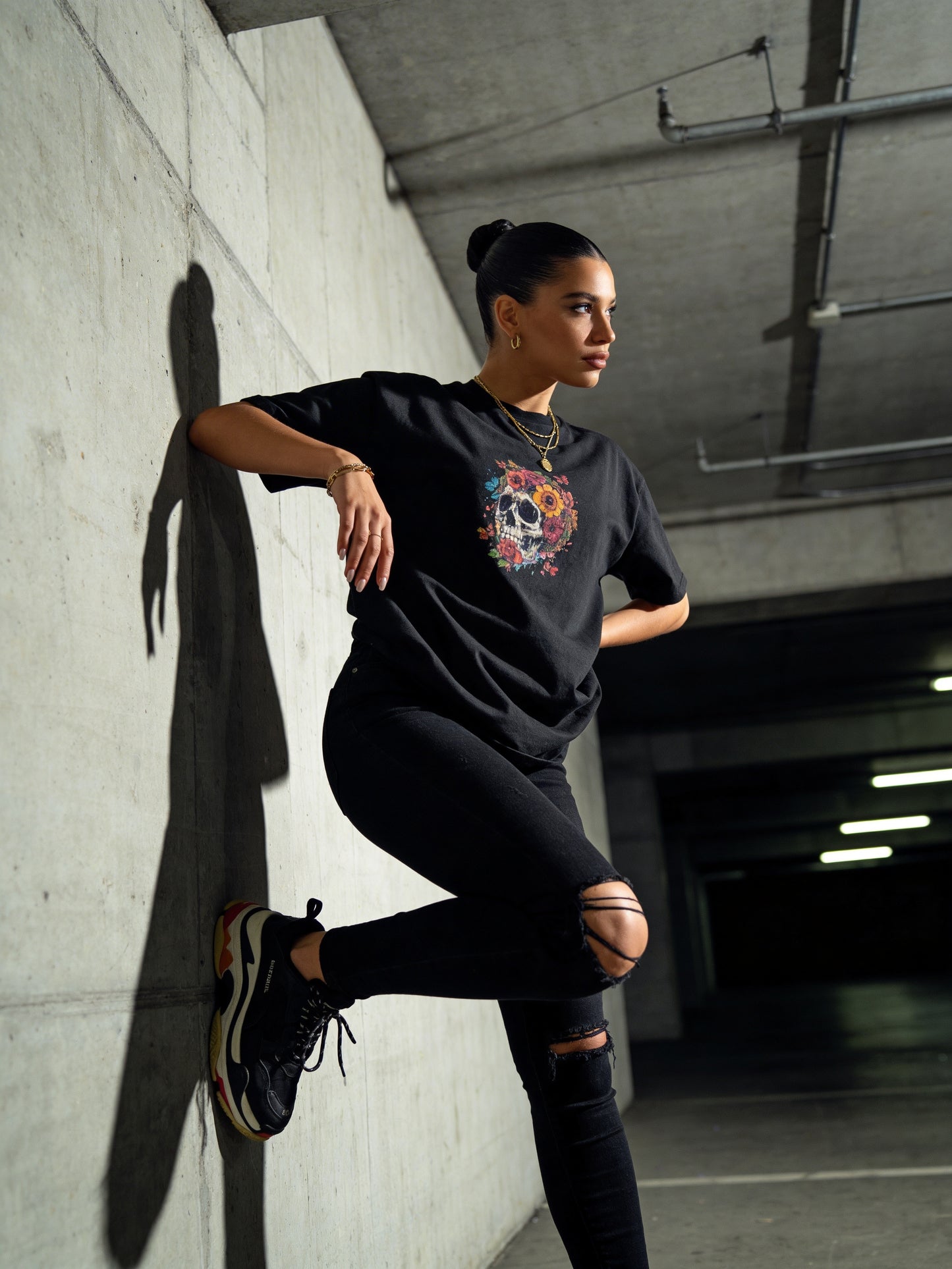 Skulls & Roses Oversized Tee – Midnight Edition