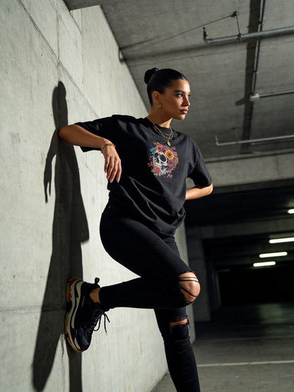 Skulls & Roses Oversized Tee – Midnight Edition