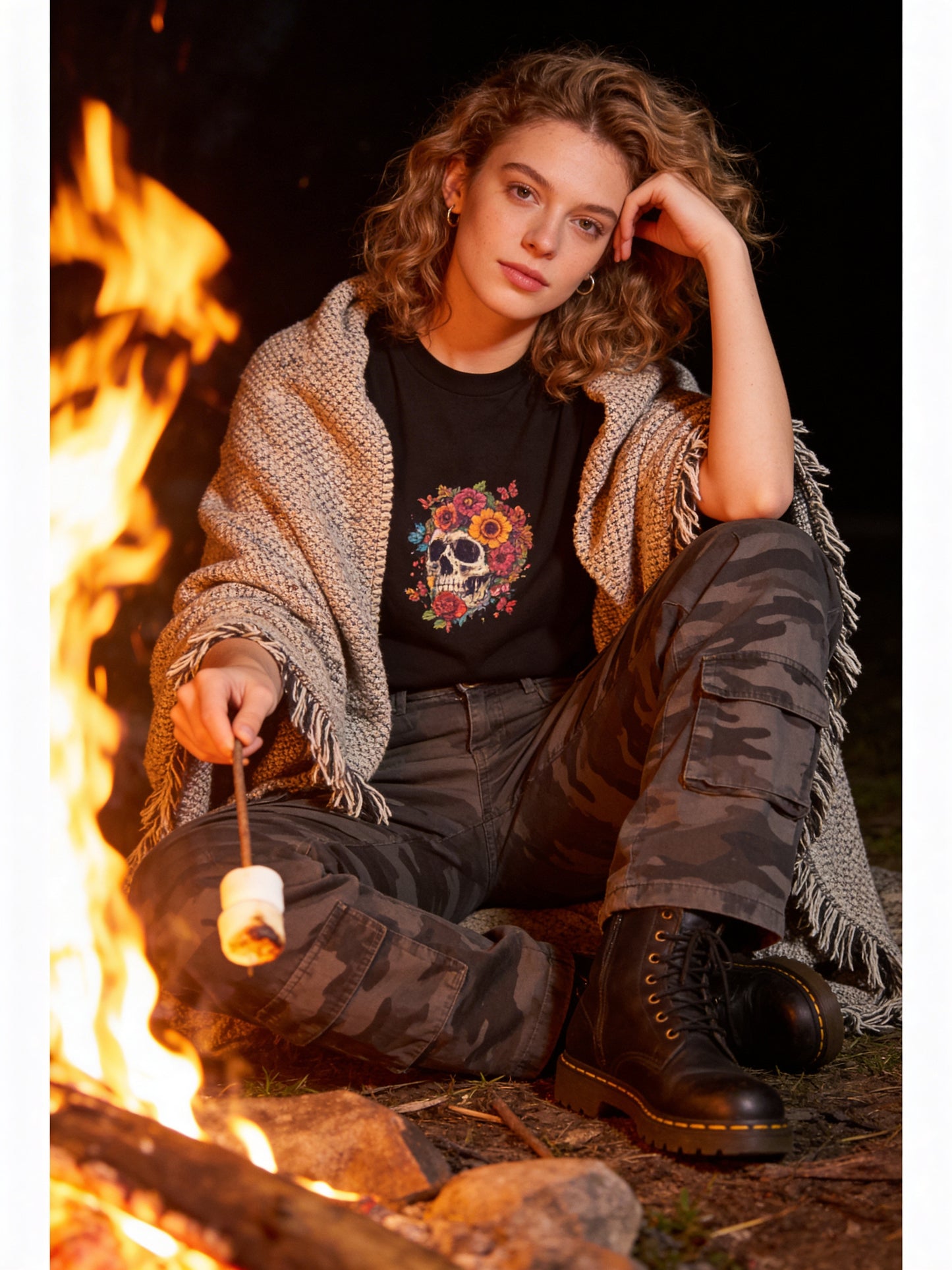 Skulls & Roses Oversized Tee – Midnight Edition