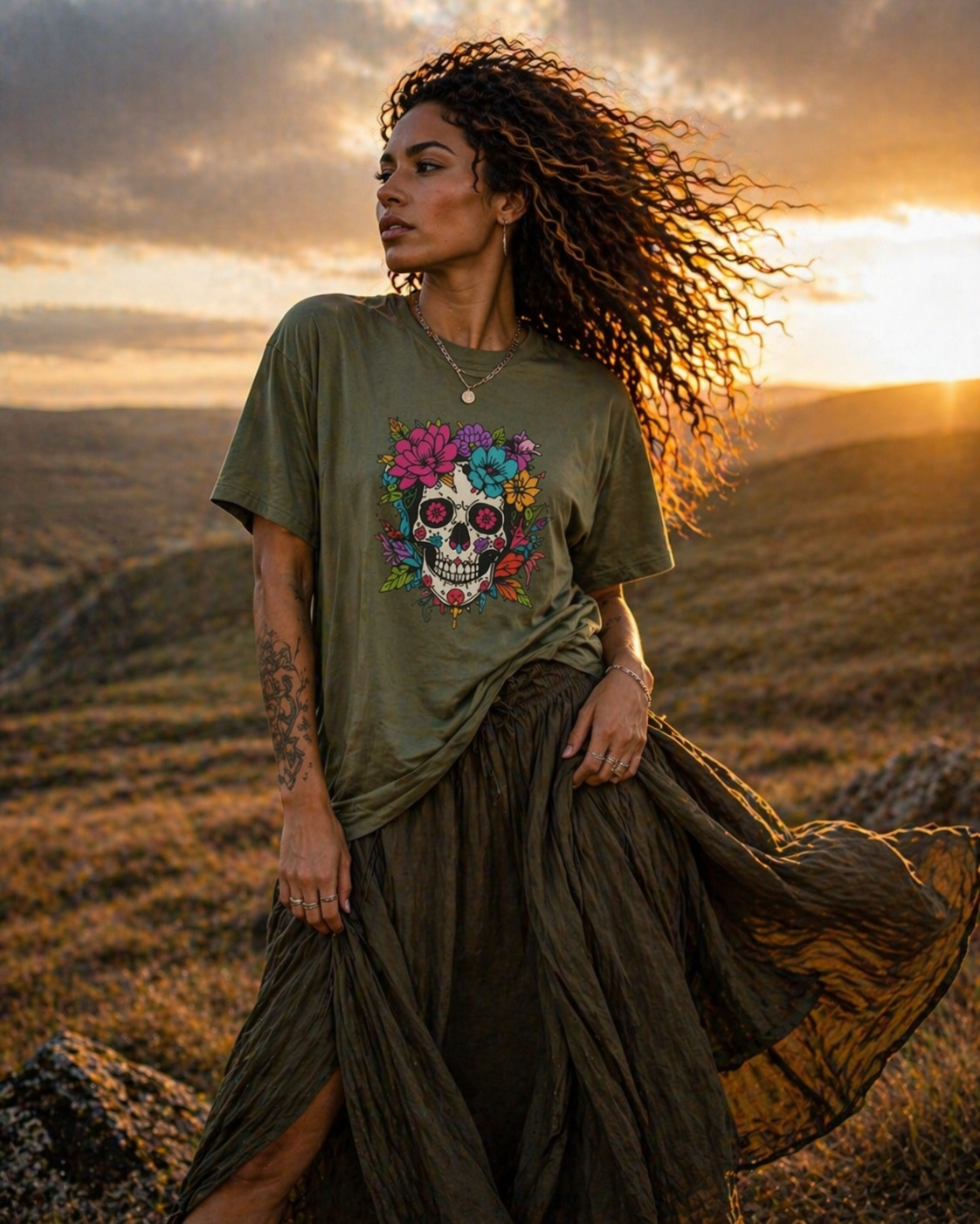 Skulls & Roses Heavy Tee – Earth Bloom Edition